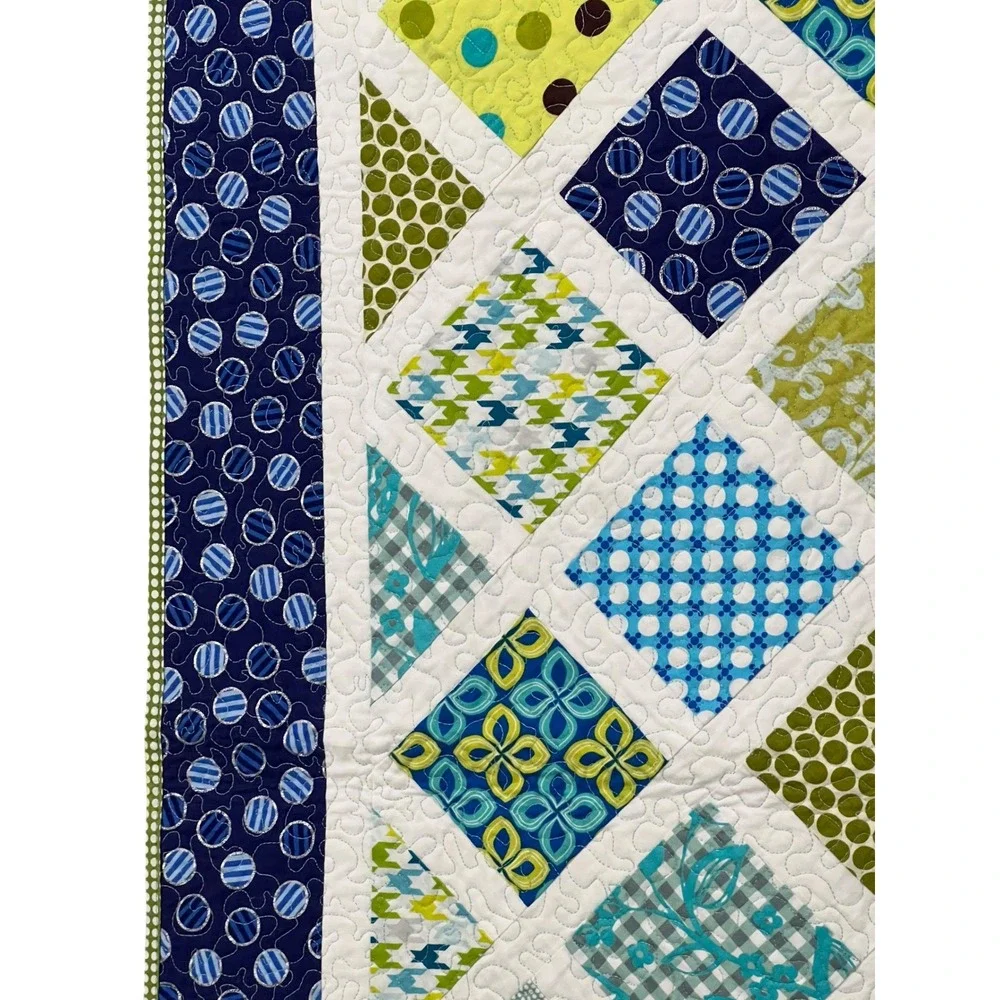 Handmade‎ Reversible Patchwork Quilt 42x36 Blue Green Geometric Modern Decor